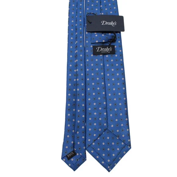 Drake's NWT Neck Tie in Blue with White & Orange Mini Floral Print 100% Silk